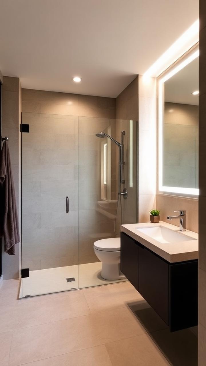 Baño reformado con ducha de obra y espejo retroiluminado